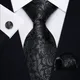 Men Fashion Black Gray Floral Print Necktie Handkerchief Cufflinks Set for Tuxedo Accessory Classic