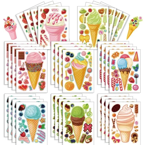 6-24 Blatt DIY Eis Aufkleber für Kinder kreativ machen Sie Ihre eigenen Dessert Aufkleber Puzzle