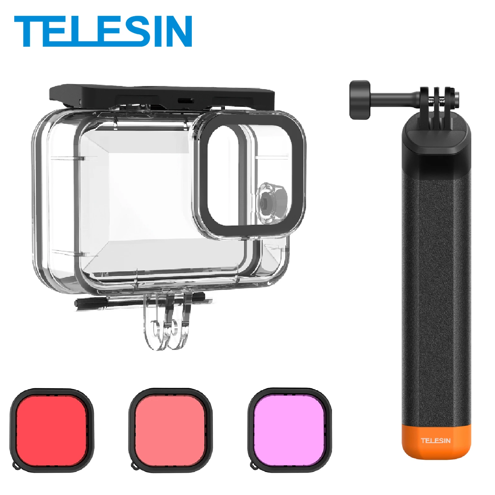 TELESIN 60 m wasserdichtes Gehäuse für Gopro Hero 13 12 11 10 9 Tauchschutzhülle Unterwasserabdeckung Objektivfilter Auftriebsstangen-Set Image