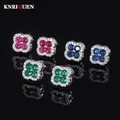 Vintage 100% 925 Real Silver Four-Leaf Clover Emerald Ruby Sapphire Gemstone Stud Earrings for Women