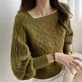 Women Square Neck Thicken Rib Sweaters Lantern Sleeve Loose Office Knit Pullovers Women Fall Winter