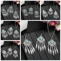 2023 Indian Jewelry Set Ethnic Silver Plated Geometric Carved Tassel Earring Necklace Women's Blue