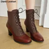2025 neue Frauen Viktorianischen Runde Kappe Stiefeletten Winter Spitze Nähte Punk Lace Up Konische High Heels Feminimo Schuhe Größe 44 45