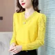 Chiffon Bottoming Shirt Women's Autumn New Fashion Beaded T-shirt Long Sleeve V Neck Mesh Lace Loose