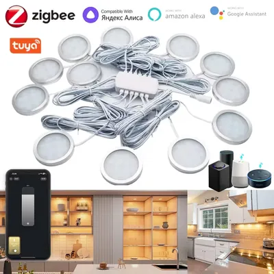 Tuya Zigbee 3.0 Smart LED Under Cabinet Lighting Dimmable Puck Lights Full Kit For Kitchen Closet Wardrobe Light Bedroom Decor