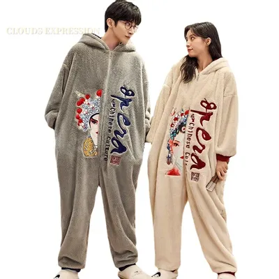 Winter warme Flanell pj Herren Overalls Erwachsenen Stram pler Pyjama für Paar Schlaf Lounge Samt Image
