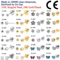 1Pair 316L Surgical Steel 24K Gold Plated Ear Stud CZ Heart Star Flower Crown Sterilized Pack Nickel