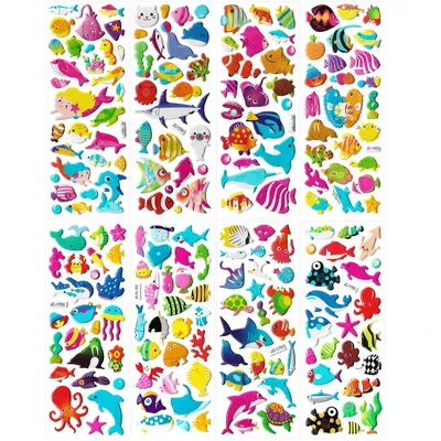 8 blätter 3D Cartoon Meer Fische Tier Aufkleber Ozean Welt Korallen Quallen Meerjungfrau Wasserdichte Aufkleber Kinder Sammelalbum Aufkleber Spielzeug Image