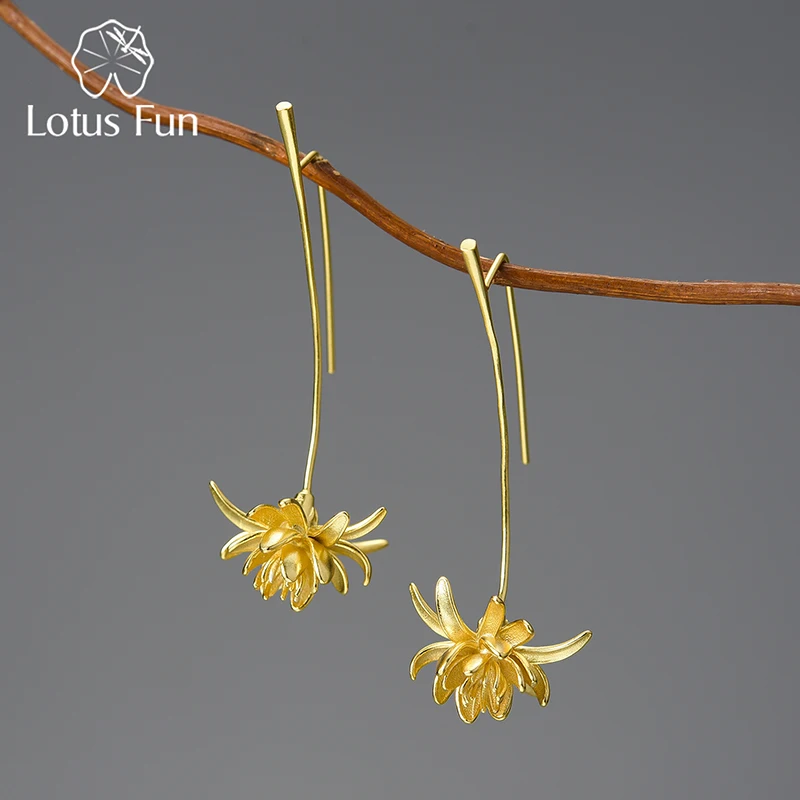 Lotus Fun 18K Gold Night-Blooming Cereus Flower Lange baumelnde Ohrringe für Frauen 925 Sterling Silber Original Luxus edlen Schmuck