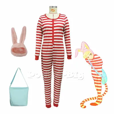 Popee The Performer Cosplay-Kostüm mit Tasche, weiß und rot gestreifter Pyjama, Overall, Image
