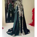 Blaugrüne marokkanische Kaftan-muslimische Abendkleider, A-Linie, transparente Applikationen, Dubai, Arabisch, Türkei, Kaftan, Abaya, islamisches Kleid, individuell gestaltet