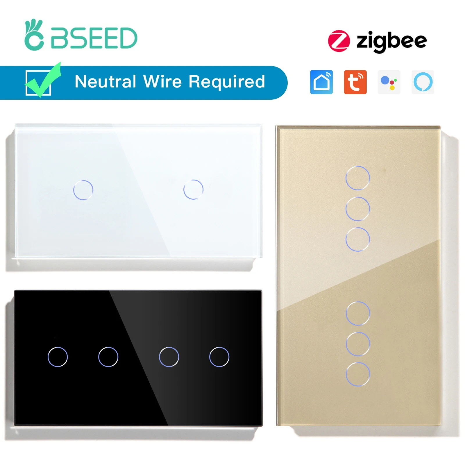BSEED Zigbee Schalter Doppel 1/2/3Gang 1/2/3Way Wireless Smart Touch Schalter Sensor wand Schalter Tuya APP Smart Google Alexa Image