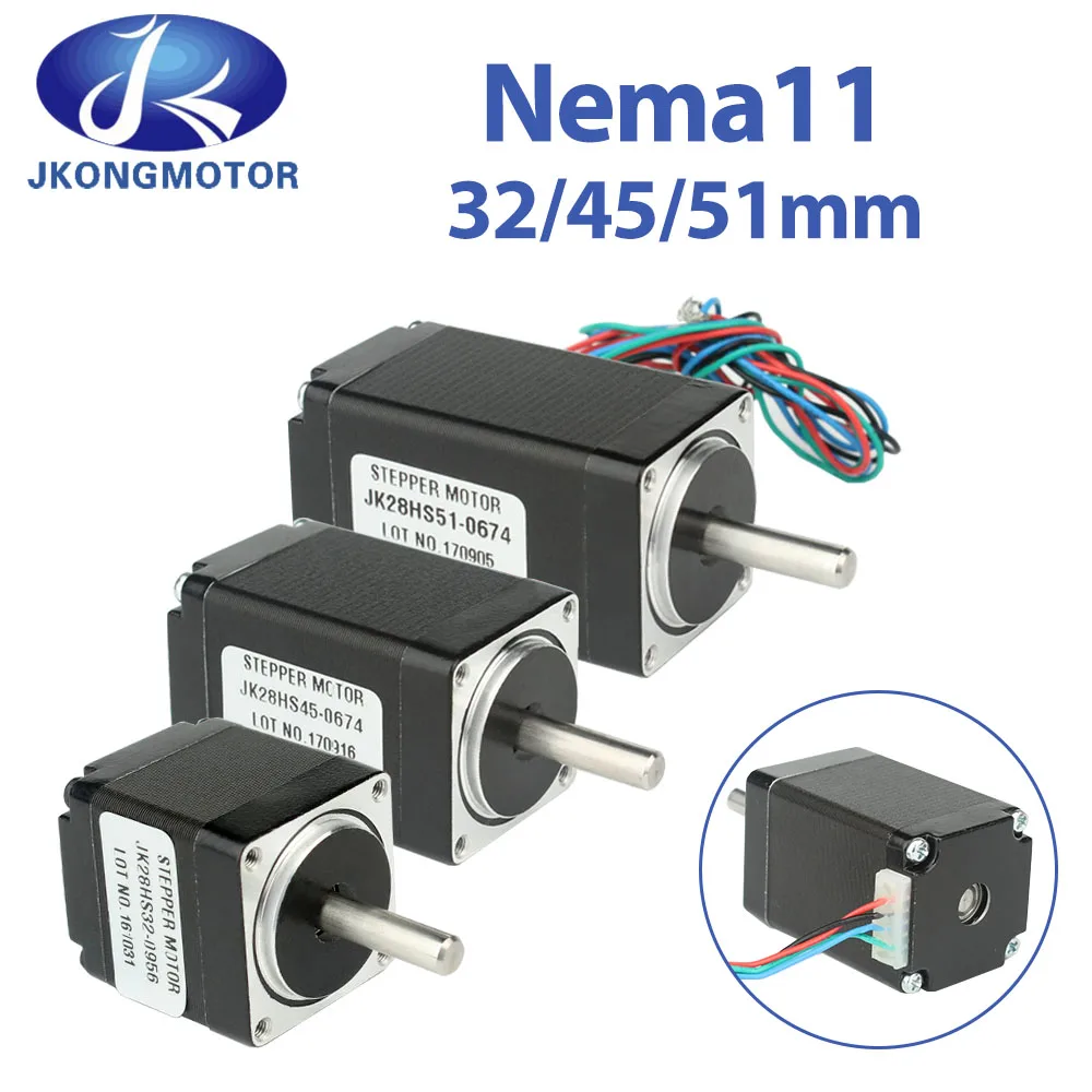 Jkongmotor Nema 11 28-Motor-Hybrid-Schrittmotor 1,8 Grad 0,67 A 6 N.cm 9,5 N.cm 12 N.cm 2-Phasen 4 Drähte 32/45/51 mm für CNC-Fräser Image