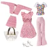 Elegantes Puppen-Outfit für 1/6 Puppen, Modepuppe, rosa Hahnentritt-Kleid, Hut, goldener Gürtel, Handtasche mit Schuh-Set