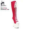 20 cm Rosa Frauen Plattform Seite Zippe Booties Leinwand Lace Up Stiletto Ultrahigh High Heel Mid-Kalb Stiefel Schuhe frau Gothic Stil