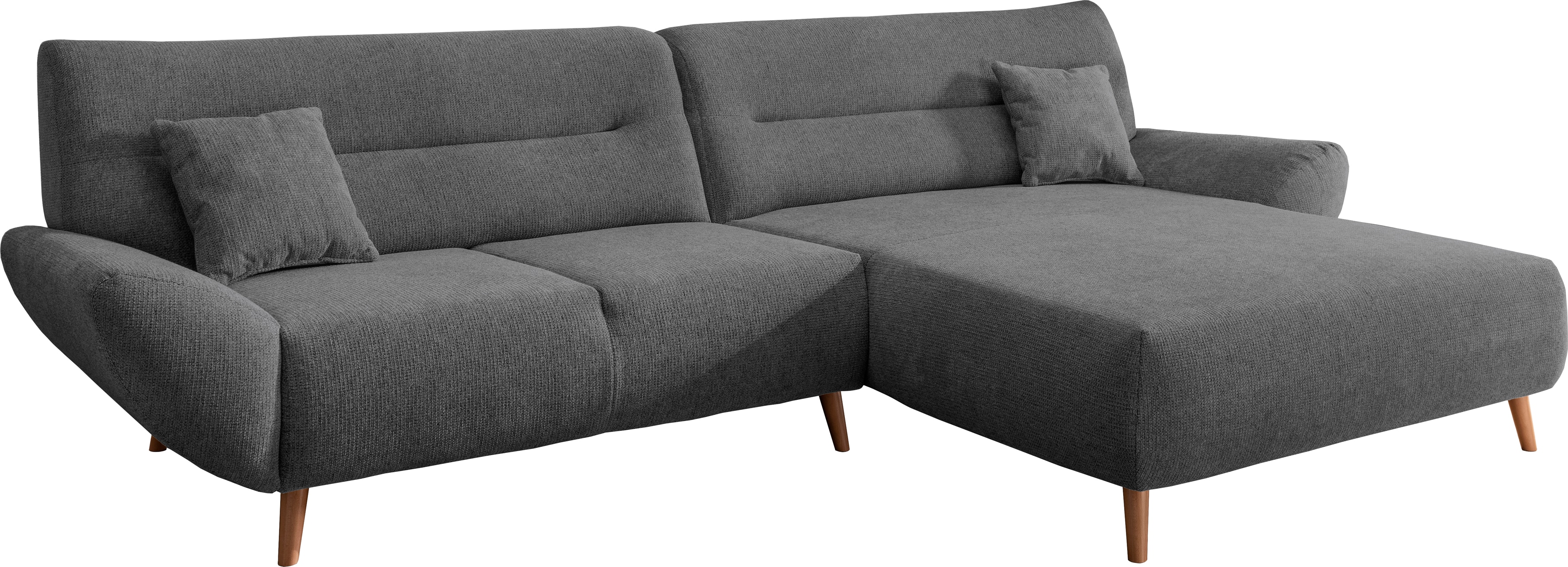 Ecksofa INOSIGN "Drago, elegant und zeitlos, komfortabel, Holzfuß, L-Form", grau (anthrazit), B:290cm H:81cm T:166cm, 100% Polyester, Sofas, frei im Raum stellbar, inkl. 2 Zierkissen