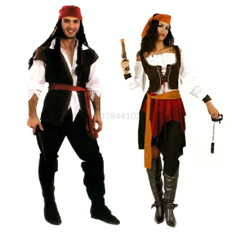 Mittelalter liche Piraten Karibik Cosplay Kostüme für Frauen Frau weibliche Männer Erwachsene Halloween männlich Kapitän Jack Spatz Kostüm Image