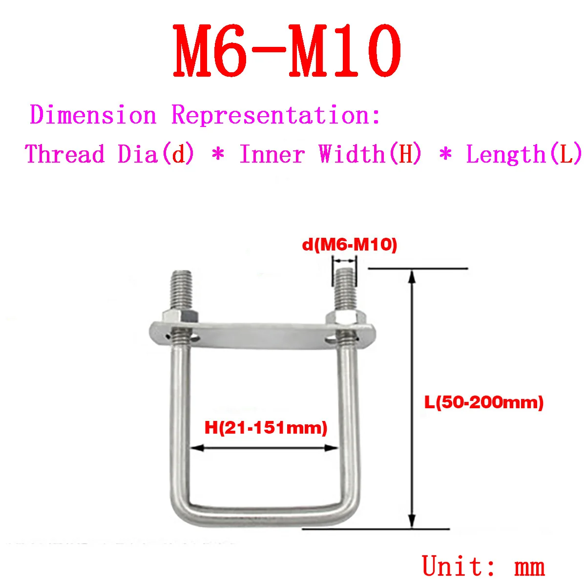 Vierkantklemme mit U-Schraube aus Edelstahl 304, Vierkantrohrklemme, rechtwinkliger U-Bolzenbolzen mit Schallwand/Vierkantklemme Image