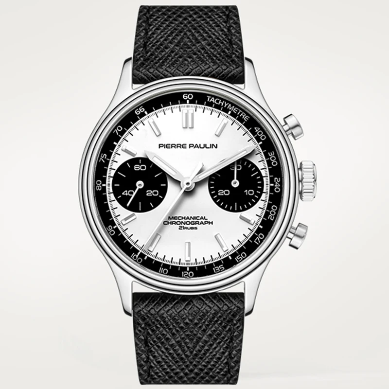 PIERRE PAULIN Retro 70er Vintage Panda Style Chronograph Mechanische Herren-Komplizierte 38 mm kleine luxuriöse klassische Armbanduhr Image