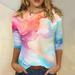 Ydkzymd 3/4 Sleeve Womens Blouses Plus Size Trendy Oversized Elbow Compression Sleeve Tops Fall Color Block Tie Dye Crew Neck Blouses Printed Graphic Gradient Shirt Watermelon Red L