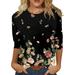 RPVATI Womens Dressy Tops Plus Size 3/4 Length Sleeve Women s Compression Shirts Loose Fit Floral Print Crew Neck Blouses Elbow T-Shirts Fashion Fall Clothes Navy XL