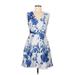 Slate & Willow Cocktail Dress - A-Line V Neck Sleeveless: Blue Floral Dresses - Women's Size 6