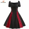 S-4XL Große Größe Kleid 2022 Sommer Frauen Vintage Schwarz Rot Spitze Up Kleid Geraffte Büste Krawatte Vorne Gothic Tunika Rockabilly kleider