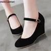 Klassische High Heels Pumps Weiblichen Frühling Casual Ankle Straps Flock Schwarz Rose Rot Keil Hochzeit Büro Schuhe Frau Große Größe 34-43