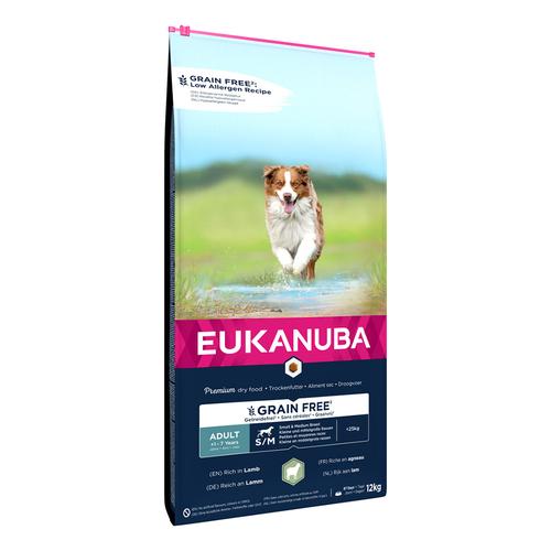 Sparpaket: 2x12kg Eukanuba Grain Free Adult Small & Medium Breed Lamm Hundefutter trocken