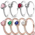 925 Sterling Silver Ring Colorful Red Heart Silver Zircon Ring Fit Design Original Pandora Bracelet