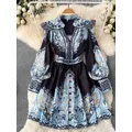 Frühling Herbst Floral Gedruckt Mini Kleid Frauen Sexy V-ausschnitt Einreiher Puff Sleeve Hohe