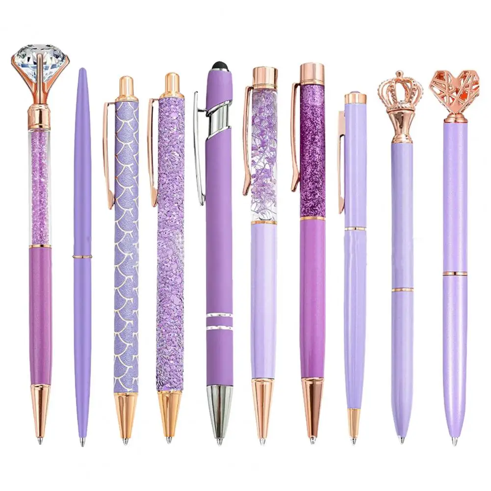 Set di penne colorate viola da 10 pezzi Penna a sfera con diamanti Studente Ufficio aziendale Penna in metallo Set di penne regalo di lusso Materiale scolastico per ufficio