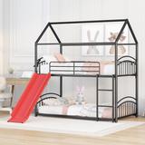 Twin Over Twin Bunk Bed Frame with Slide, Sturdy Metal Twin-Twin Bunk Bed Frame, Convertible to 2 Twin Size Platform Bed