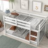 Twin Size White Bunk Bed with Guardrail and Stairs, Farmhouse Loft Bed Pine Wood Platform Bed Frame Floor Bed for Girls Boy