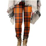 Thick Winter Leggings for Women Plaid Print Fleece Lined Slim Leg Stretchy Long Winter Joggers Athletic Pants(Orange XL)
