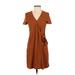 TeXTURE & THREAD Madewell Casual Dress - Shift V Neck Short sleeves: Brown Solid Dresses - Women's Size X-Small