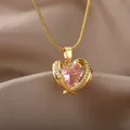 Pink Cubic Zirconia Necklace For Women Heart Angel Wings Pendant Necklaces Crystal Charm Couple