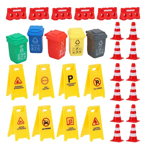 Miniatur Verkehrs kegel Straßen schilder für Zug setzt Müll Recycling LKW Spielzeug Verkehrs zeichen