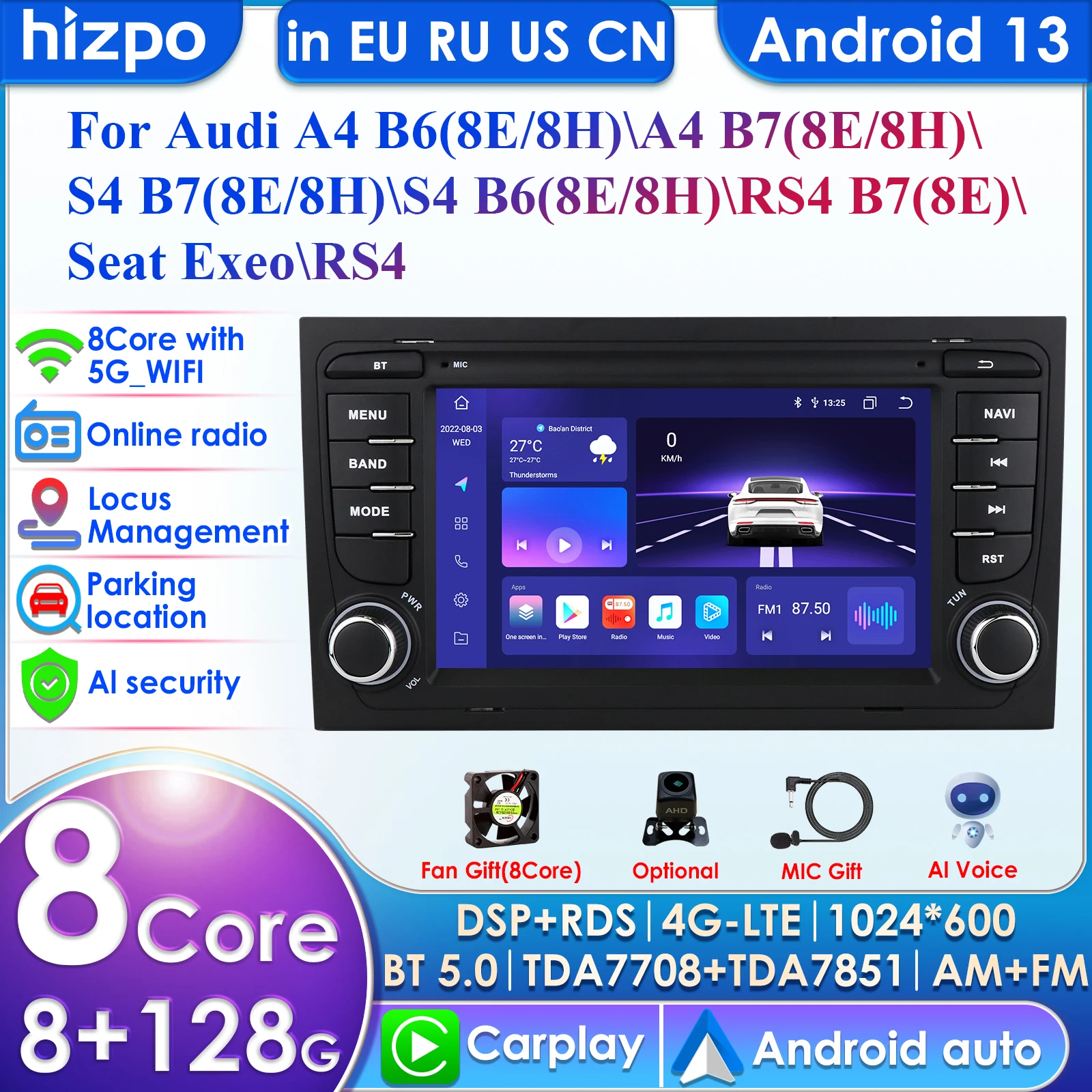 AI 7862 System 2din Android Autoradio für Audi A4 B6 B7 S4 RS4 für Seat Exeo Car Radio Multimedia Video Player GPS Carplay 4G BT Image