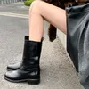 Biker Black Western Punk Mid Calf Schuhe für Damen Damenstiefel Halbhohe runde Zehenqualität im Angebot Bequeme Goth-Schuhe