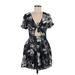 Free People Casual Dress - A-Line Plunge Short sleeves: Black Floral Dresses - Women's Size 6
