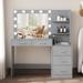 Latitude Run® Kimberely 46.7" Vanity Table w/ Side Storage Shelf & 5 Drawers, 3-Color Lighted Mirror Wood in Gray | Wayfair