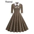 Tonval-Robe mi-longue vintage à carreaux pour femme col rabattu nœud papillon manches longues