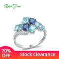 SANTUZZA Pure 925 Sterling Silver Rings For Women Oval Blue Gemstone Round White CZ Cluster Elegant