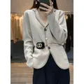 Autumn Winter Women Pure Cashmere Wool Suit Coat Sweater Casual Knitted Tailored Collar Cardigan