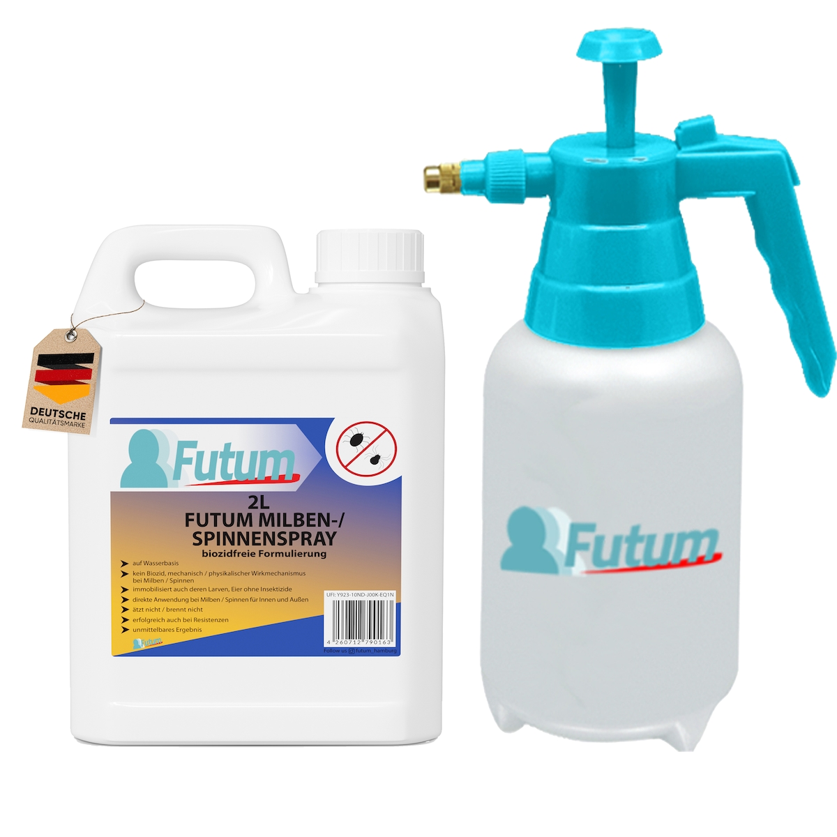 FUTUM 2L Milbenspray / Spinnenspray bekämpft Insekten, Eier, Larven ohne Biozide auf Wasserbasis, Sofortwirkung ohne Flecken + 2L Sprüher Image