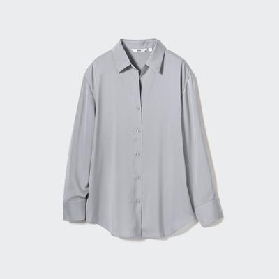 Uniqlo - Satin Long Sleeved Blouse - Gray - XXL