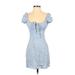 Shein Casual Dress - Bodycon Tie Neck Short sleeves: Blue Checkered/Gingham Dresses - Women's Size Small