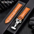 REMZEIM 18 20 22 24mm Genuine Calfskin Leather Watchband Straps with Solid Automatic Butterfly