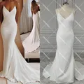 Abiti da sposa in crêpe di raso con spalline sottili Foto reali Scollo a V Sirena da spiaggia Abito da sposa semplice aperto sul retro economico personalizzato